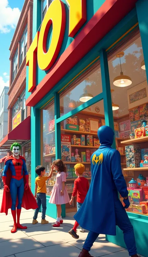 "Wide shot of a vibrant toy store in the heart of the city, with colorful toy displays visible through large glass windows. The exterior of the store is decorated with playful, eye-catching signage, and there are toy advertisements posted on the windows. I...