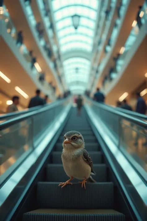 Kiscsibe stands at the top of the escalator of a shopping center in fear 