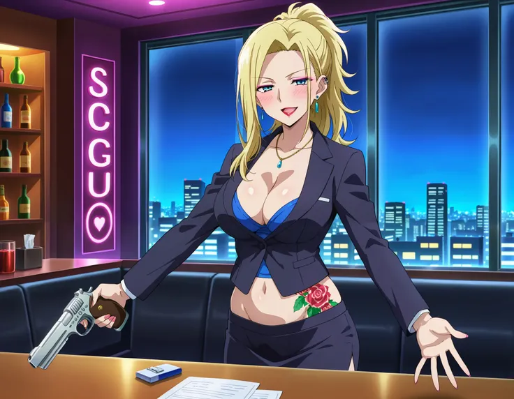 score_9,score_8_up,score_7_up,score_6_up,score_5_up,score_4_up,anime coloring BREAK source_anime,anime,tanyadtb,1girl,solo,blue eyes,blonde hair,ponytail, ear piercing, long hair, blush, lipstick,Hot girl, baddie, smoking, sensual, attractive, , cityscape,...