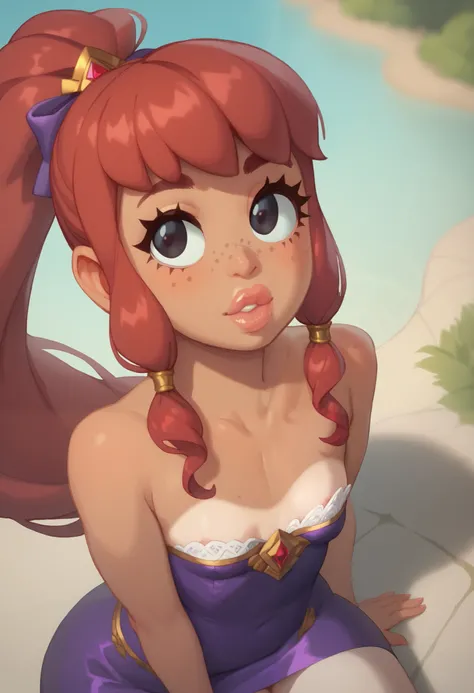 One white girl, beautiful face, detailed face, young girl, soft skin, big eyes, beautiful lips, freckles, round face, long ponytail, white skin, tanned skin, red hair, dark black eyes, small breasts, looking aside, strapless neckline, short sequins violet ...