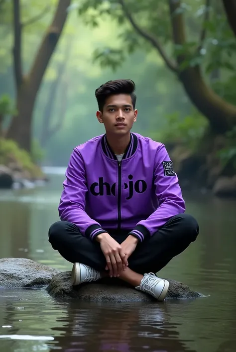  Make an Indonesian young man wear a purple jacket with the inscription "dhejo " black pants white shoes are sitting on a rock in the river 