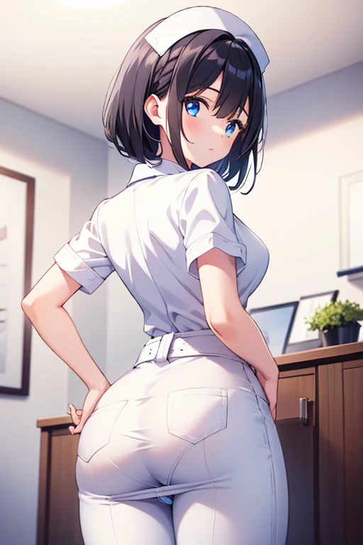 masterpiece,  top quality,  1 girl,  detailed beautiful face ,  white pants, from back, (( panty line)), Bend your waist, (nurse), from below、 blue eyes,  black hair, hair,  headband, 長いhair, 目の上のhair