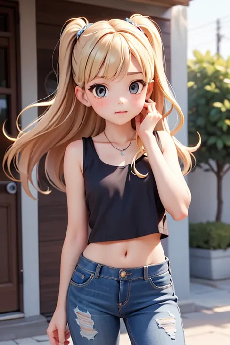  Extremely small and delicate eleven-year-old girl  ,  long blond hair with two locks falling over her face ,  and delicate , black top without print  , short jeans azul ,  in front of the spectator ,  upper half of her body  