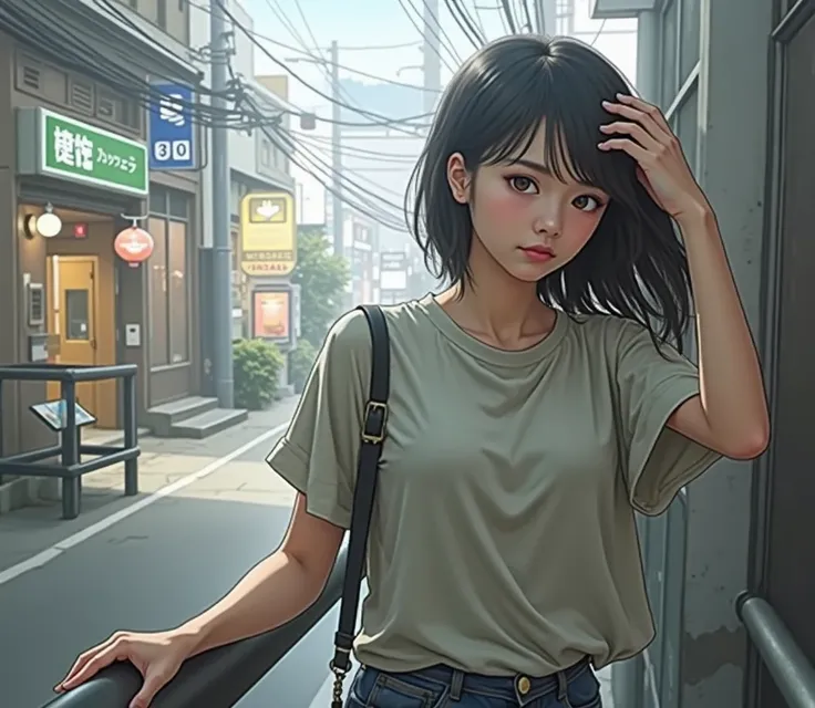 ( measurements、 high resolution、​masterpiece:1.3)、Beautiful girl、 slender shape 、 dark brown hair、 t-shirt、( street in the city at night )、 single-breasted shirt with detailed facial and skin details、 Detailed Eyes 、 double eyelids in judo uniforms、Full Bo...