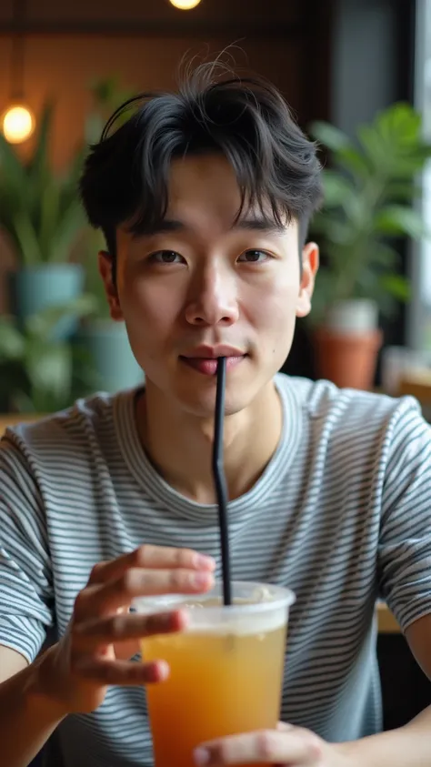 close-up portrait of young man sitting at a table with a drink in front of him. He wore a striped t-shirt and had short black hair. The boy looks directly at the camera with a slight smile on his face. He took out the black straw from his mouth and held th...