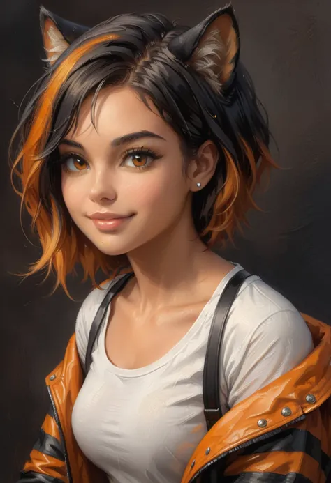 realistic soft oil painting, a character who is half-woman and half-tiger, realistic beautiful cute smiling (((22 year old woman))) half-turned, ((dynamic graceful sexy pose)), short (((black orange striped hair))), tiger ears, black orange tail, big human...