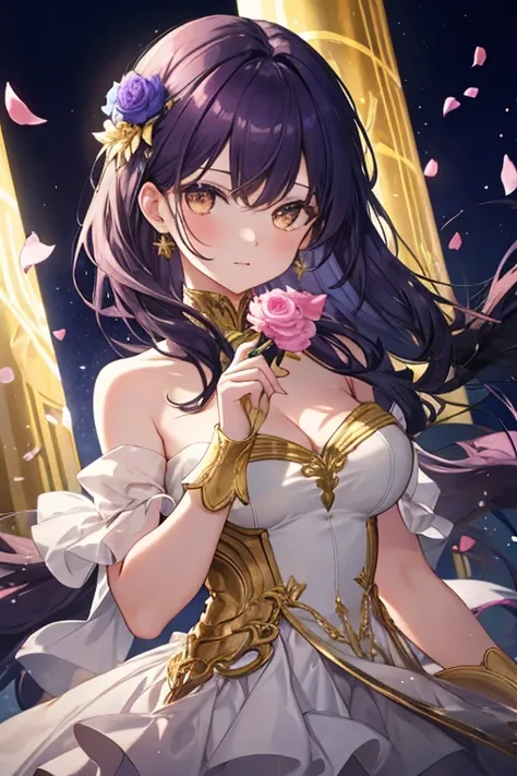 masterpiece,  top quality,  high definition , 1 girl, (shoulder-length:1.3) dark purple hair, (gold eyes:1.3), She is wearing fantasy court dress, soft white, with gold trim. The clothes have high collar, simple layered design, light fabric with subtle pat...