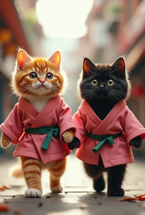 
" ultra-realistic , Wide angle,  High resolution image depicting 2 cats walking on two bipeds with resolution ,  The image is realistic and conveys cuteness .  Cats in uniform working together in a scene like the one in the photo ,  The first one is orang...