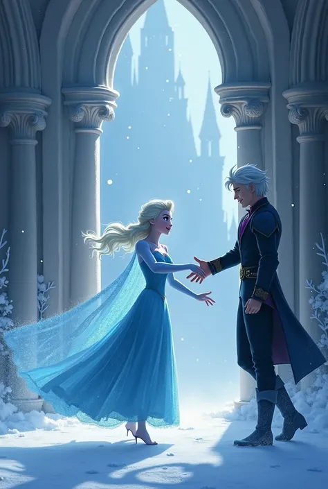 a picture of an ice queen, whose look is inspired by Elsa, runs in a castle.  the setting is in a morning snow.  the queen is caught by a hand of a man.  the man is right begin the queen and looks like jack frost. the art is in disney style