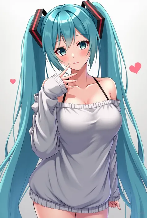 chica sexy, sweater only, without clothes down, half open sweater, seductive look, seduction, biting half of his lips初音ミク、 sky blue hair 、 Twin Tails 、 Big Breasts , 