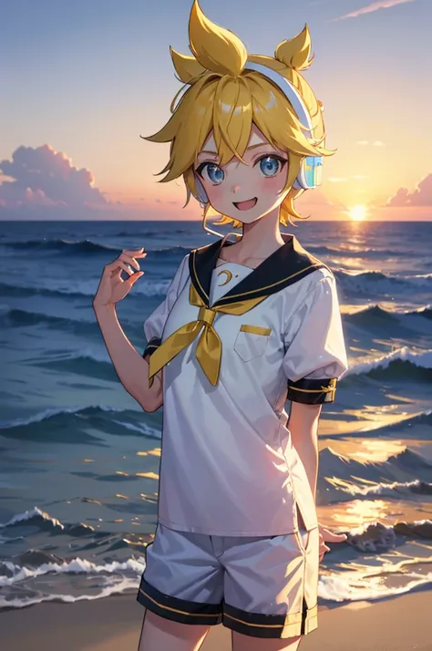 a cute girl ,solo,cosplay,small breast,kagamine len,headphones,white shirt,sailor collar,necktie,short sleeves,shorts,face red and embarrassed,smile ,standing sexypose in a beach at sunset time , close-up body .