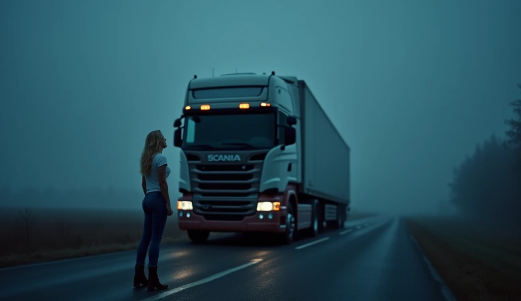 ITS NIGHT HOURS .  A CLEAR NIGHT ON A LONELY ROAD ,  there is a young woman , slim, blonde,  DRESSED AS A JEAN AND A T-SHIRT , ITS THE DRIVER OF THE TRUCK ,  DESCENDS FROM A SCANIA TRAILER TRUCK AND STAYS NEXT TO THE CABIN , about, ALMOST AHEAD OF THE TRUC...