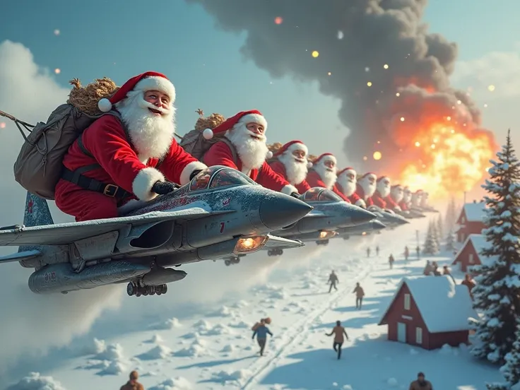 lots of Santa Clauses are riding on jet-fighter planes, (crazy faces), (formation flying), (firing missiles, guns:1.8), (bombing snowy village:1.8), (destroying schools:1.8), (explosion effect:2.0), Big Explosions, (Running away people:2.0)