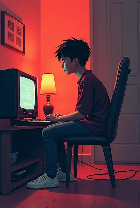  there is a boy sitting in a chair in front of a stereo, a digital painting of Atey Ghailan ,  winner of the pixiv contest, serial art, Chica Lofi, Arte Lofistyle, Arte Lofi, Lofi Portrait,  artwork in the style of Guweiz , Lo-fi, Lo-fi art, Hip hop Lo-fi