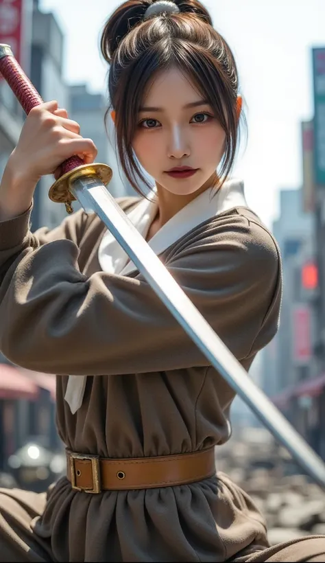  A beautiful Japanese woman waves a Japanese sword, Female Soldier, Japans perfect high school sailor uniform,  perfect anatomy:1.21,  has a small head:1.331, Slender body:1.331,  thin waist:1.331,  ruined city, Tokyo turned into a battlefield , Expression...