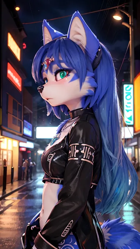 ((krystal)), Star Fox-Krystal, lovable, green eyes, ((( Long blue hair 1 .3))), Decollete, anthro, Fuzzy,  detailed Fluffys fell,  detailed face , (Fluffy),  1 girl, ,woman, Goth, green eyes, undercut, ultra-realistic 8k cg ,  masterpiece, (( ultra-detaile...