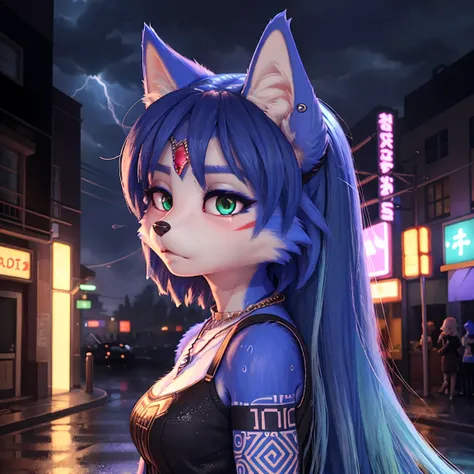 ((krystal)), Star Fox-Krystal, lovable, green eyes, ((( Long blue hair 1 .3))), Decollete, anthro, Fuzzy,  detailed Fluffys fell,  detailed face , (Fluffy),  1 girl, ,woman, Goth, green eyes, undercut, ultra-realistic 8k cg ,  masterpiece, (( ultra-detaile...