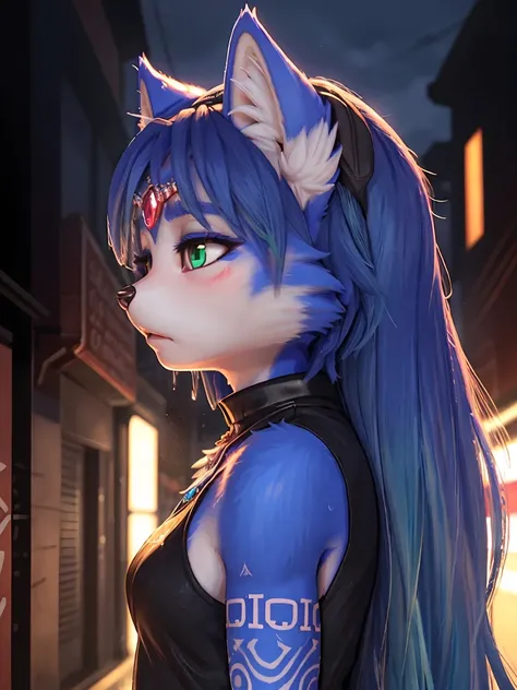 ((krystal)), Star Fox-Krystal, lovable, green eyes, ((( Long blue hair 1 .3))), Decollete, anthro, Fuzzy,  detailed Fluffys fell,  detailed face , (Fluffy),  1 girl, ,woman, Goth, green eyes, undercut, ultra-realistic 8k cg ,  masterpiece, (( ultra-detaile...