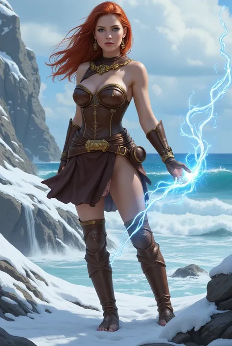 Human, female, long ref hair, tall, blue eyes, light skin, stand a little to the side, searius look, brown leather armor, brown skirt, off shoulder, gold belt, gold sandal, gold hair ornament, gold earrings, from the hand comes out a short beam of blue mag...