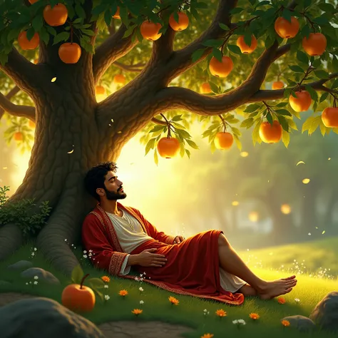 A strong Arab youth, sleeping under a tree with golden apples, illustrations 