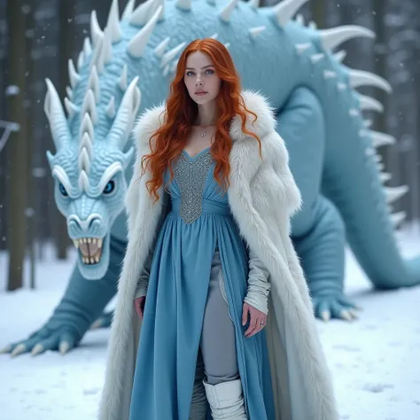 I have middle layer red hair with white strands plus size  1 . 79 tall and blue eyes 110B chest size blue dress on fur cape,  In the background with a big dragon bigger than the trees i blue white ice dragon, in the snow,  full body shot, white high boots ...