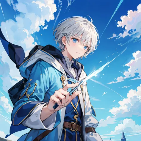 The wizard man with short gray hair is casting his magic into the blue sky with all his might