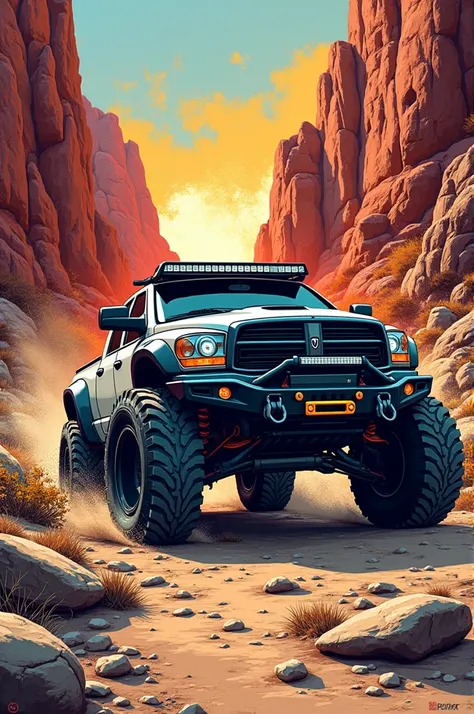 5. "Illustrate a dynamic graffiti-style depiction of an off-road truck driving through a rocky canyon, with spray-painted details like cracked walls and splashes. Add huge, freestyle graffiti typography saying NO ROAD. NO RULES. in bold, layered fonts for ...