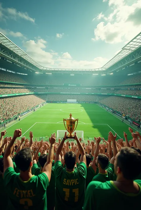 A soccer stadium with green and white fans raising a cup of champions of the tournament 