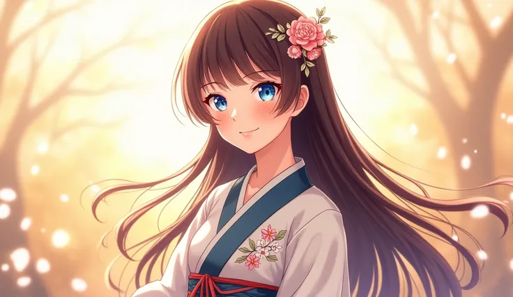  1 girl, Long hair,  blue eyes ,  brown hair , illustration,  8k ,Hanfu Cute Bright