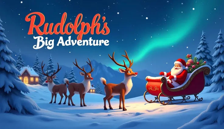 "A magical, snowy Christmas night featuring Rudolph the red-nosed reindeer at the center, his glowing red nose lighting up the sky. He stands proudly in front of Santas sleigh, which is filled with colorful gifts and pulled by other reindeer. A starry sky ...