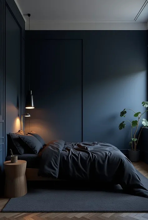 A boys bedroom with blue navy dark walls and a withe celling and a black bed with black sheets and a few warm lights