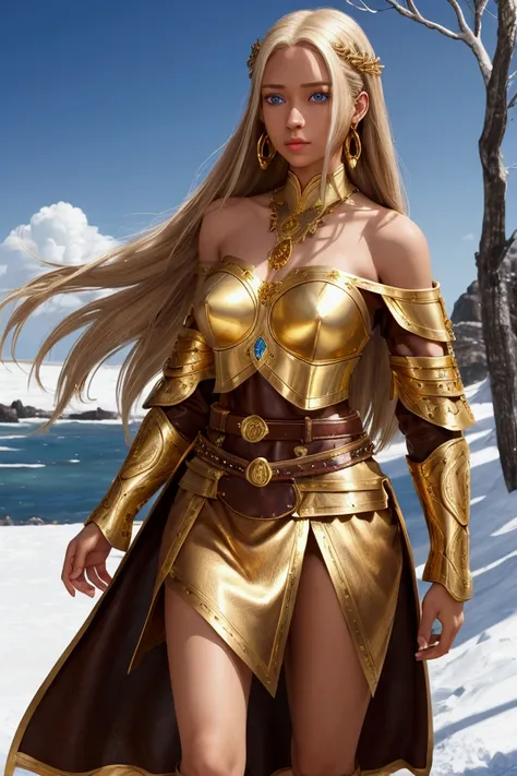 Human, female, long ref hair, tall, blue eyes, light skin, stand a little to the side, searius look, brown leather armor, brown skirt, off shoulder, gold belt, gold sandal, gold hair ornament, gold earrings, from the hand comes out a short beam of blue mag...