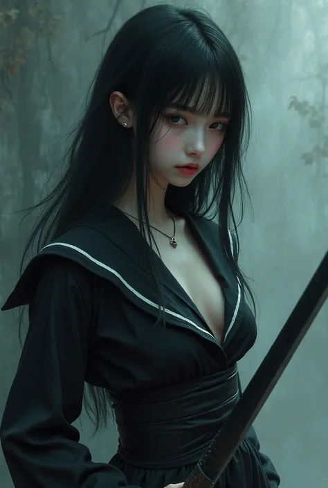 top quality、A beautiful girl on the verge of death holds a Japanese sword、belly button、   Black Sailor Suit  、     long black hair  