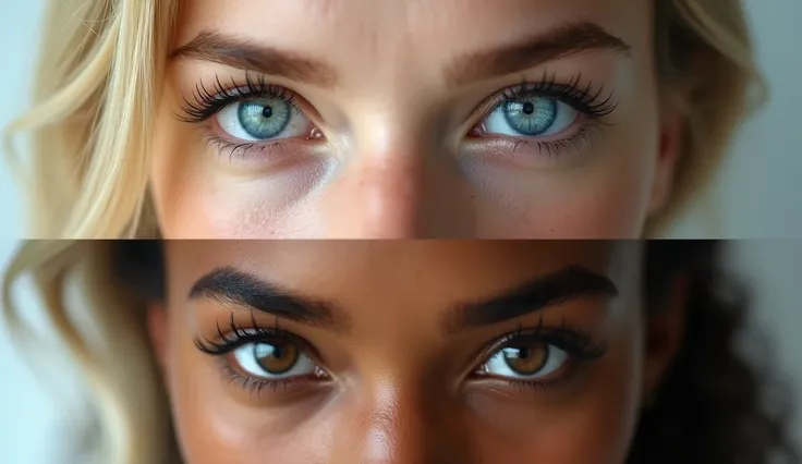 A high-quality, cinematic 16:9 advertising image divided into two horizontal sections of equal size. The top half features an extreme close-up shot focusing solely on the eyes and gaze of a confident European female model with fair skin, light blonde hair,...