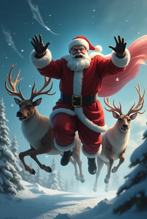 Santa Claus is very angry flying with his deer in his hand magic poses