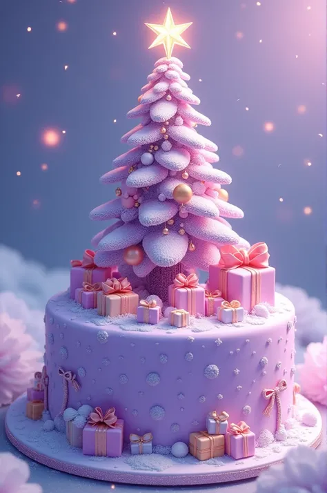 
Create a purple Christmas cake image with a tree and kawaii anime-style gifts