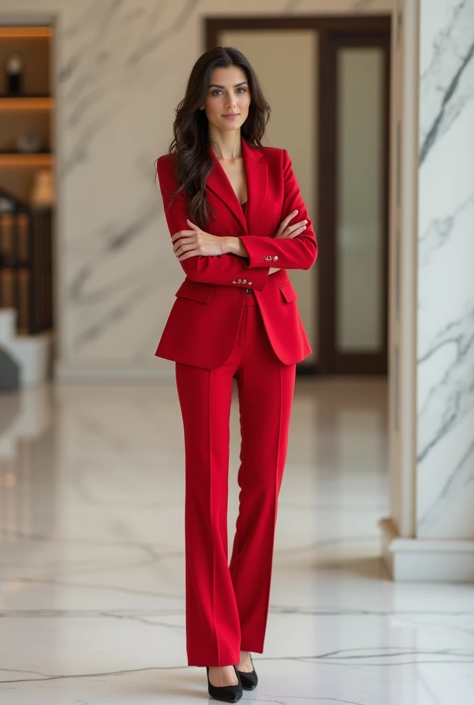 Create a stylish woman   ,   long dark brown hair ,   brown eyes   ,  Wearing an elegant and luxurious red suit  ,  with discreet red silk blouse inside   (Prada shoes   ), she is standing, arms crossed,   subtle smile she is a successful marketer  ,   In ...