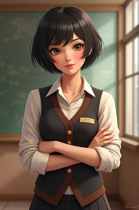 This is olivia, she have black hair, short Cut inside hairsryle, she a teacher, make a vest