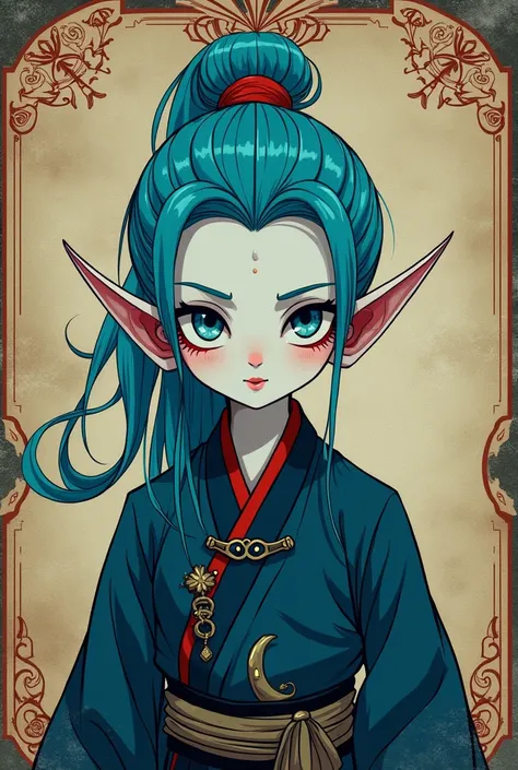  to help me generate a handsome nail in a Taoist costume, very long eyes, red，Hair is cyan 。Its also a cool blue ， two-dimensional zombie picture with a runic paper ， on it 