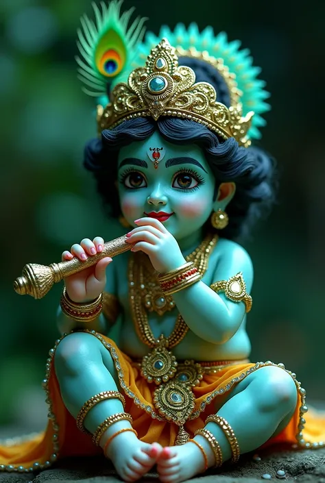 masterpiece, highest quality), 8k,(((Very detailed))), Race:1.8,  very small lord Krishna with peacock feather on head holding flute smile face baby sit in swing Super intricate Race pattern,green snowy colour Race pattern, white and black stained glass, t...