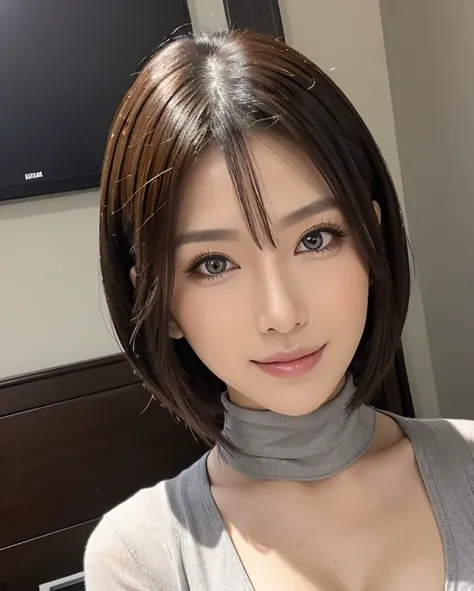 ( top quality,8k,masterpiece),Mature Japanese Woman, sexy,Age 35,Grey short hair,(Big Breasts), gray turtleneck
