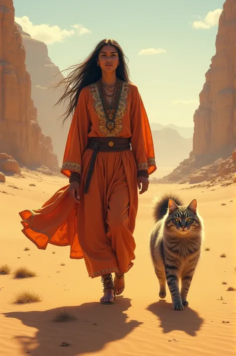 A woman wearing a shari shirt walks bersas with a large gray mainecoon cat in the desert