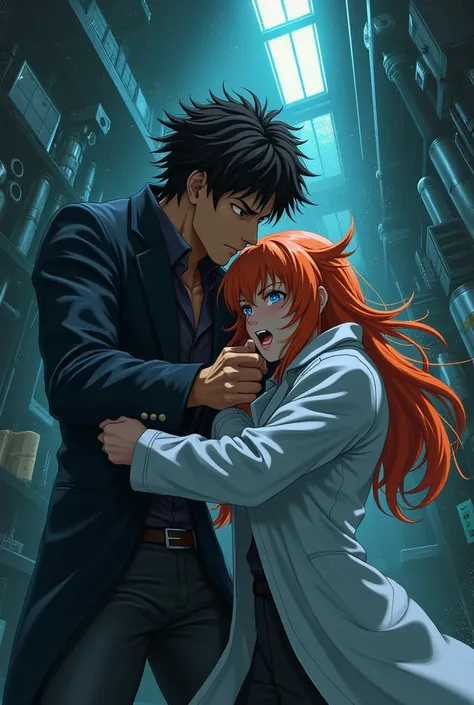 Anime man strangles anime adult female scientist with long orange hair and blue eyes