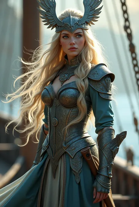 beautiful freya goddess, (((full body view))), freckles on face, (long deep blonde hair with big braid), blue eyes, viking armor with skirt armor and boots, ((helmet with large wings)), on bow of viking ship