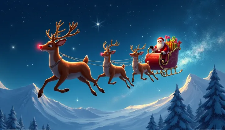 Rudolph and Santa’s sleigh soaring through the sky, with snowy mountains and sparkling stars. Rudolph’s glowing red nose leads the way as the other reindeer follow, with colorful presents in the sleigh.