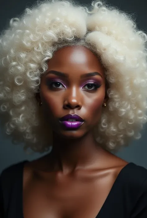 1 femme,femme noir, cheveux afro crépu blanc, full lip, en chemise ,Yeux Violets, sans flou dans les cheveux, très nette dans les cheveux, pas de floutage, plus haumaine, image plus nette et réaliste