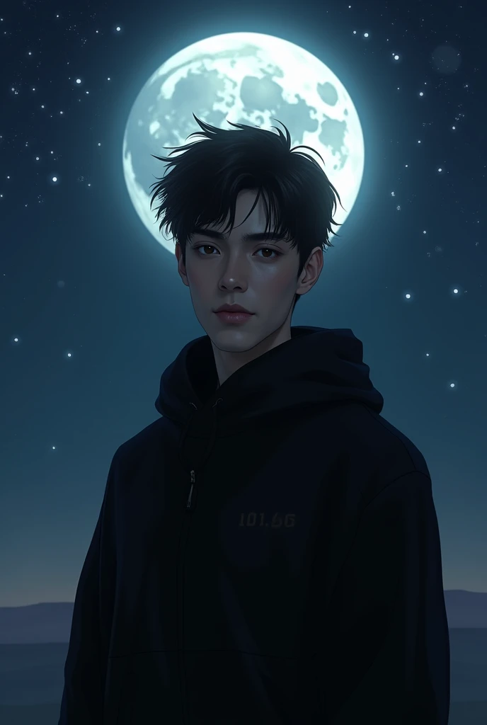 masterpiece,  best quality, Male in his 20s, 상세한 얼굴, Detailed eyes,  beautiful eyes ,  looking straight ahead .,  There is a big moon behind it. Its the night sky . Black clothes. The whole body comes out . It goes all the way to the legs. 