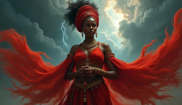 Please create a realistic and immersive image of the orisha Oyá, a deity of winds, storms, and change, in African mythology. She is depicted as a black woman of unique beauty, dressed in traditional attire in shades of red, with an adorned headwrap. In the...