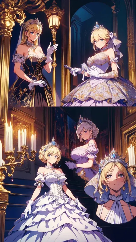 a stunningly beautiful blonde fairytale Princess shining and Royal Pomp and Regal Splendor, wearing a Stately and (((Elaborate))) Royal Cinderella Wedding Dress of Silver and White Brocade, and (((Large puff sleeves ))) a stiffly boned, padded and corseted...