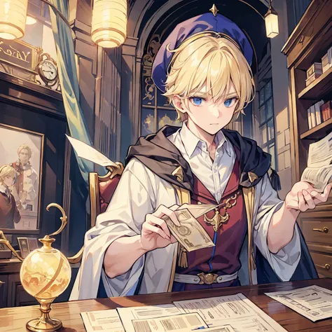 A blond wizard man is receiving money in a luxurious bank